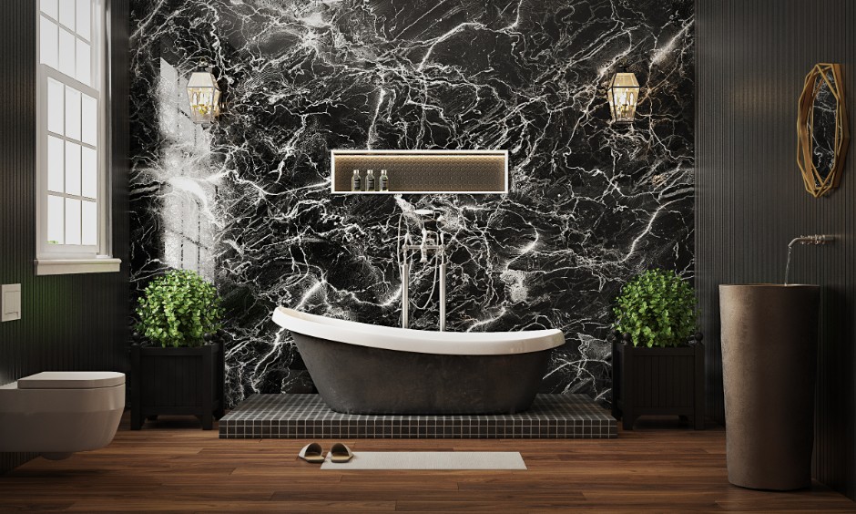 Premium bathroom tiles with marble wall finish and anti-skid floor showing how to pick bathroom tile