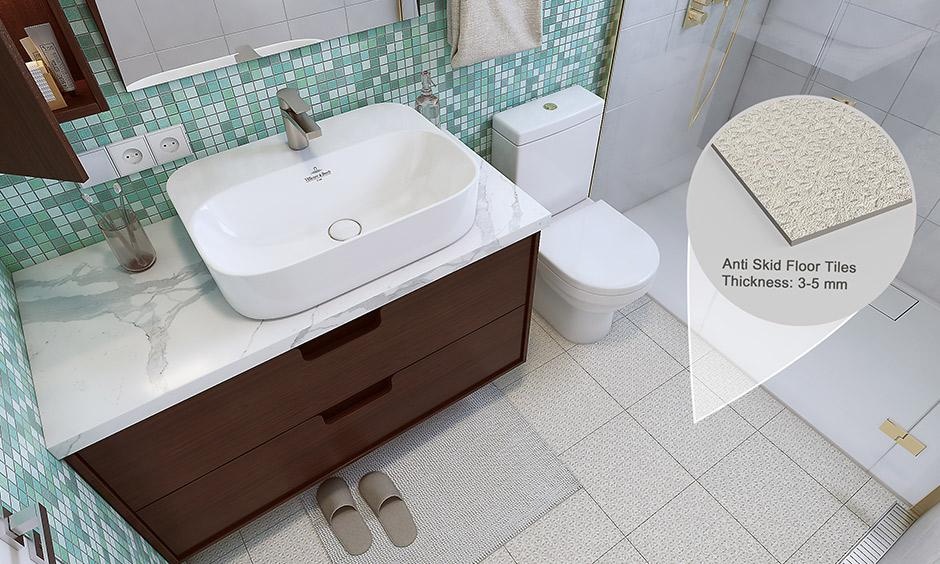 Modern bathroom tile design showing different tile materials like porcelain, ceramic and stone