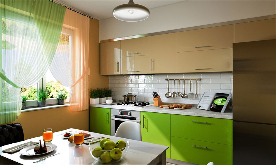 Neon green glossy kitchen cabinets showing outdated interior design kitchen trends and impractical finishes