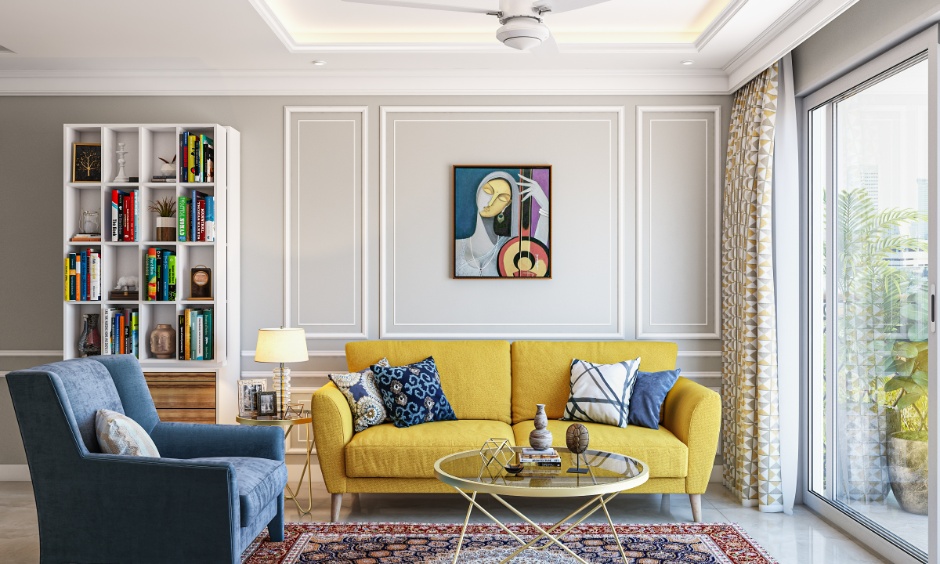 Bright living room showing a balanced west-facing house Vastu design with warm evening light.