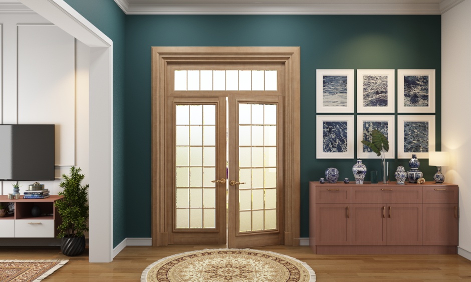 Elegant main door and foyer showing a practical west-facing house Vastu plan with bright entry.