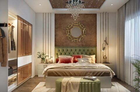 Warm tray false ceiling with wooden panel and chandelier showing modern bedroom ceiling design ideas for Indian homes