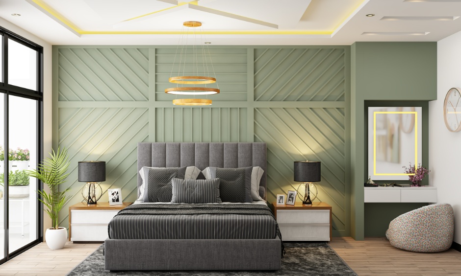 Layered modern bedroom false ceiling with cove lighting showing premium ceiling design style in Indian homes