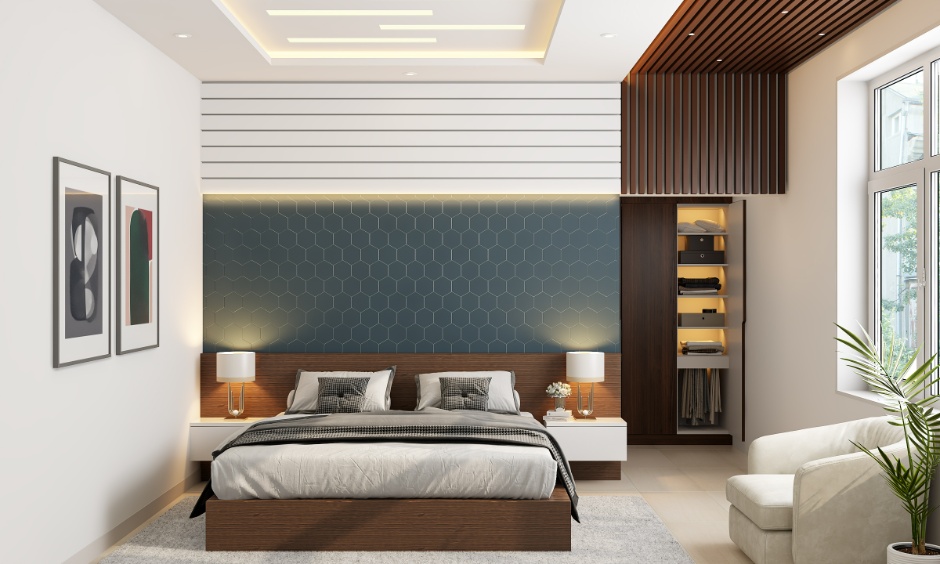 Clean layered modern bedroom ceiling design showing balanced lighting and clutter free layout
