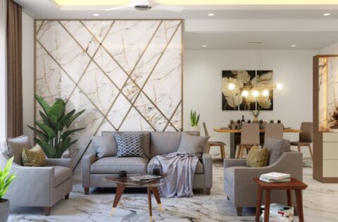 Modern living and dining room with white marble tiles flooring and statement marble feature wall