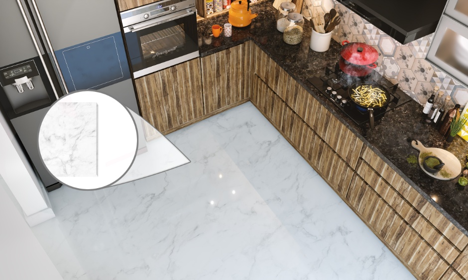 Glossy white marble floor tiles in a modern kitchen showing natural stone flooring with unique veins