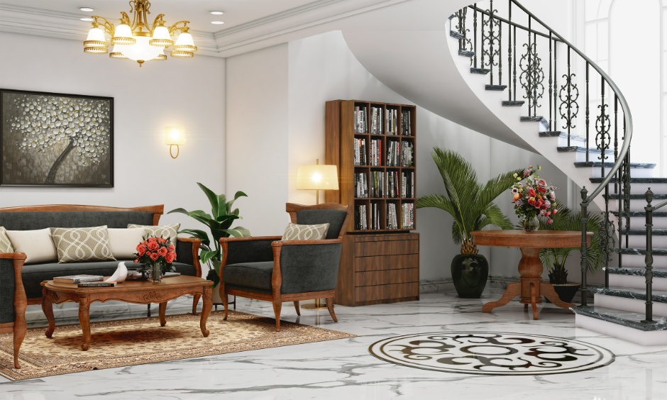 Classic hall with white marble floor tiles and decorative inlay showing types of marble floor designs