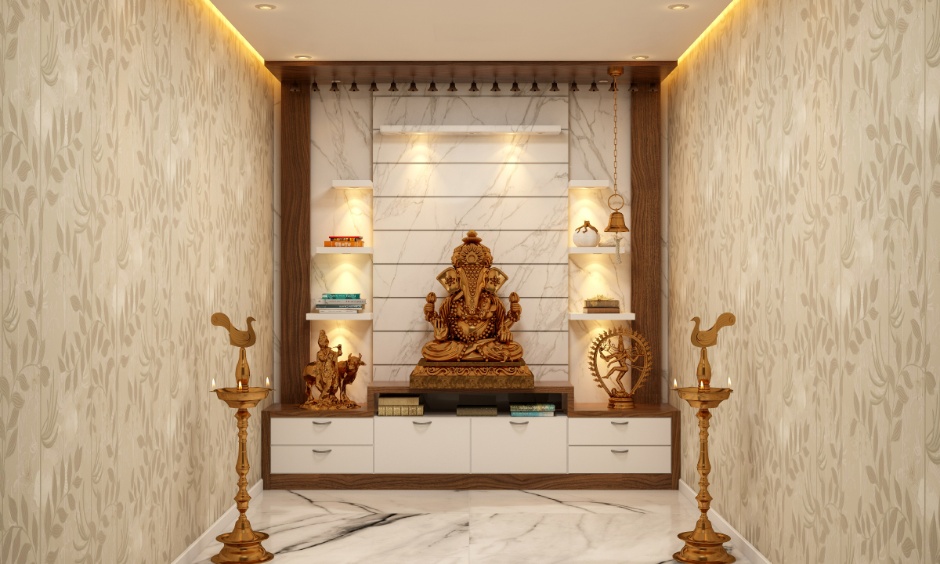 Pooja room with white marble floor tiles and warm lighting showing marble flooring for calm home spaces