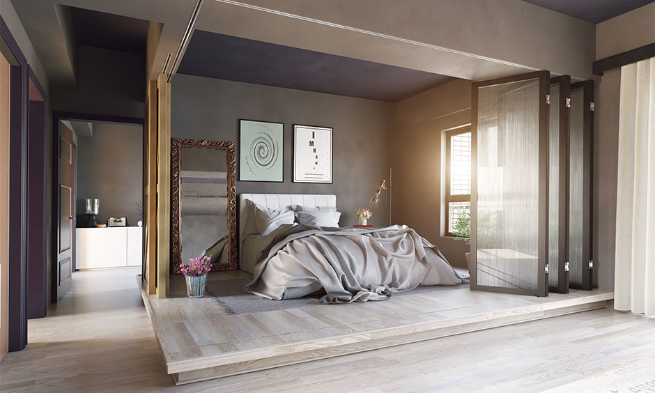 A dark coloured small bedroom ceiling design which shrinks the spacious bedroom