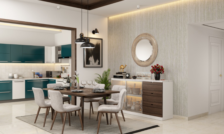 Modern dining room layout with wooden table, balanced lighting and open, clutter-free seating space