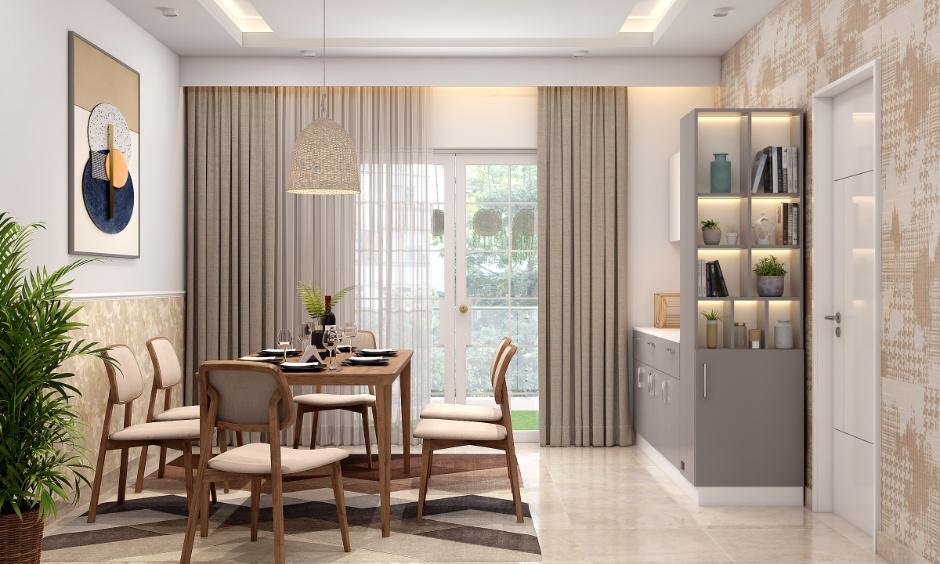 Dining room furniture layout with table, chairs, storage and lighting arranged for easy movement