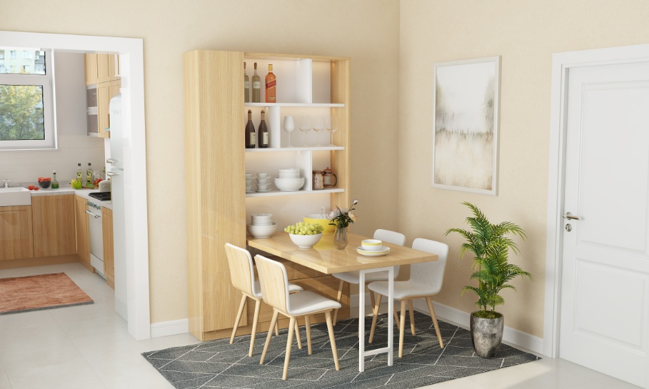 Small dining room layout plan with compact table, smart seating, rug zoning and efficient space use