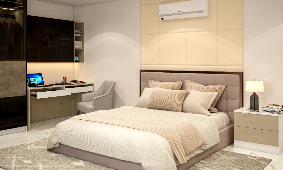 Modern bedroom interior showing a full-height glass wardrobe, padded headboard, and sleek bedside table setup.
