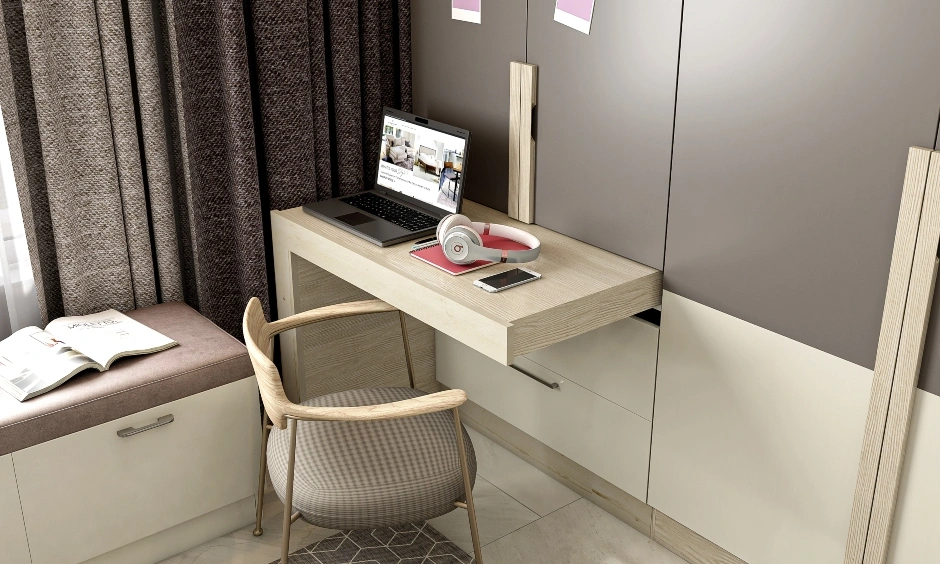 Bedroom wardrobe design with concealed pull-out study and open vanity niche with in-built lighting.