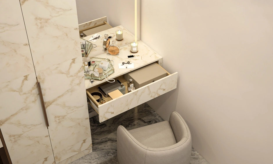 Marble-finish bedroom wardrobe with integrated concealed vanity unit and soft ambient lighting.