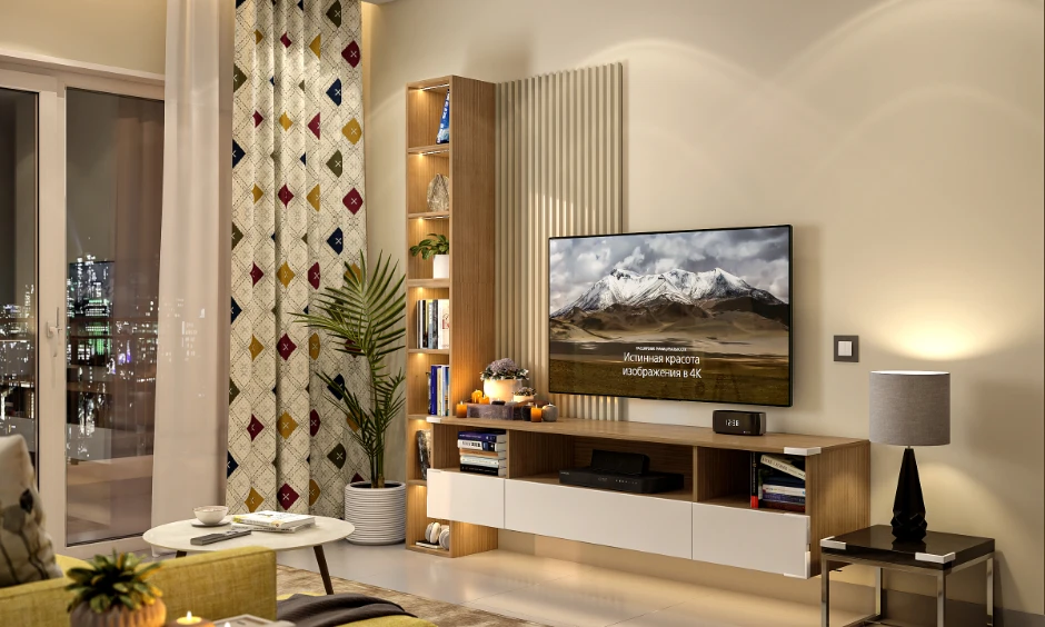 Modern living room design storage featuring a floating TV unit with open shelves and fluted wall panels.