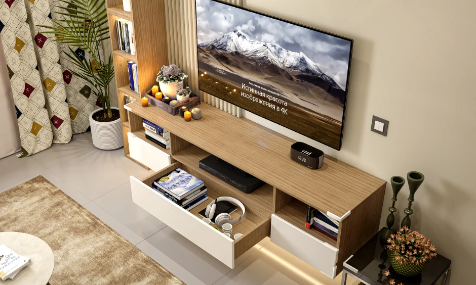 Luxury living room design close-up showing fluted textures and warm wood finish laminates with LED accents.