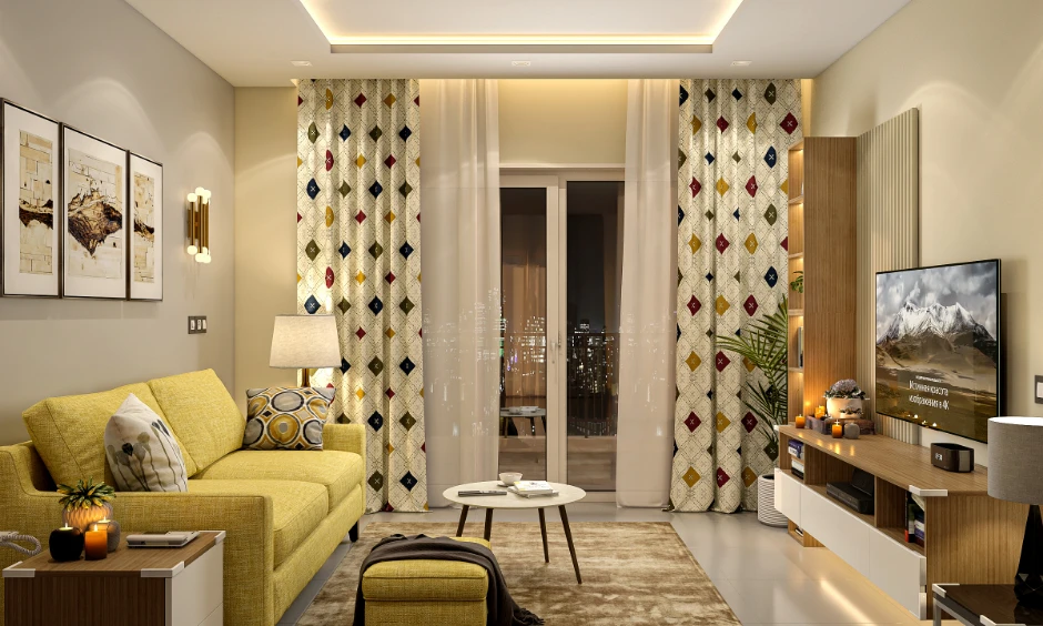 Contemporary open plan living room design with mustard accent sofa and fluted TV back panel in India.