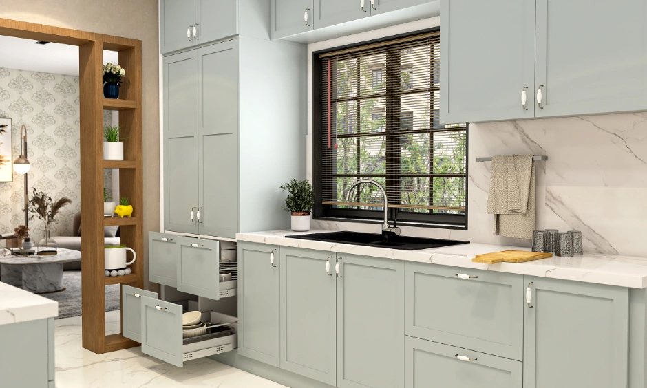 Minimalist parallel kitchen design featuring tandem pull-out drawers and slim metal handles for storage.