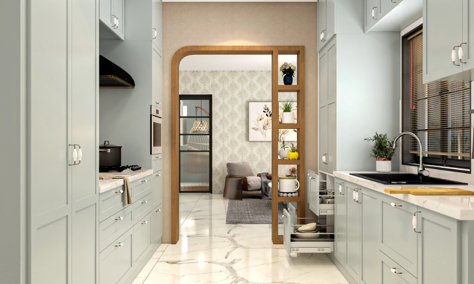 Modern parallel kitchen design with soft grey cabinets and a tall pantry unit for an Indian apartment.