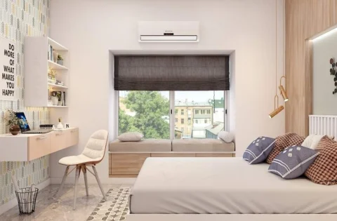 Low budget bedroom design with cosy bedding, soft lighting and stylish decor setup