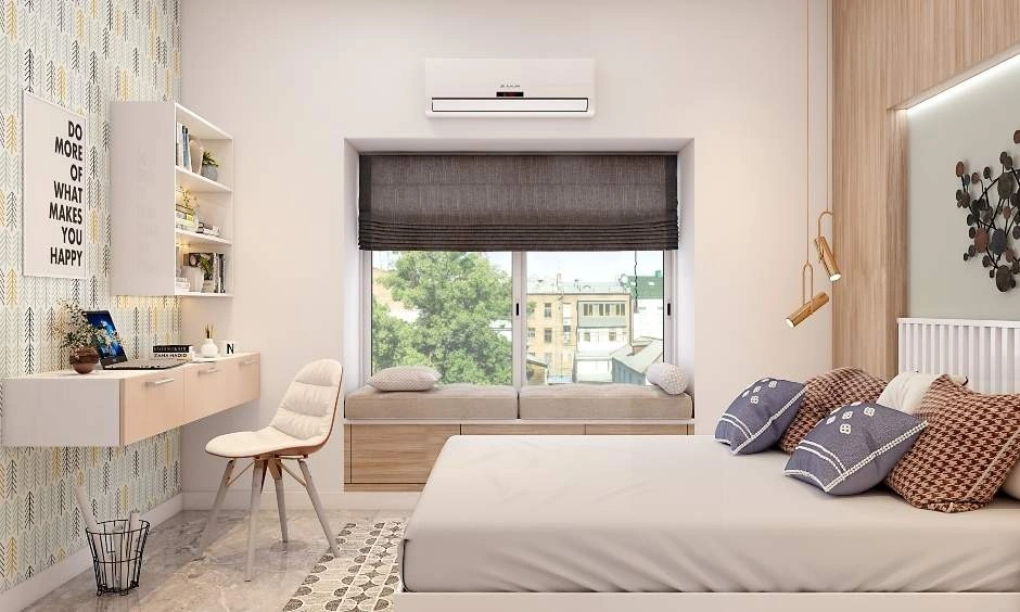 Low budget bedroom design with cosy bedding, soft lighting and stylish decor setup