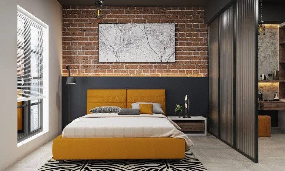 Low budget bedroom wall colour ideas with exposed brick and creative DIY accent design