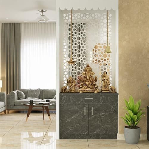 Affordable interior designers in Ghaziabad created a living room with a pooja unit