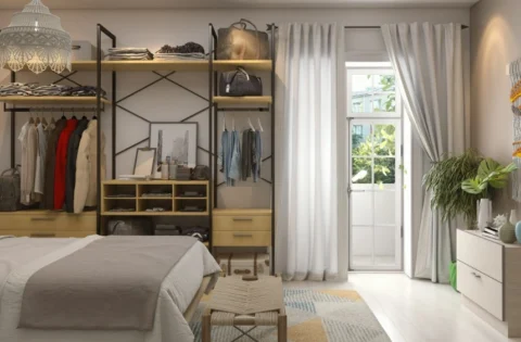 Modern open wardrobe design with visible shelves and hanging space for easy access and organisation.