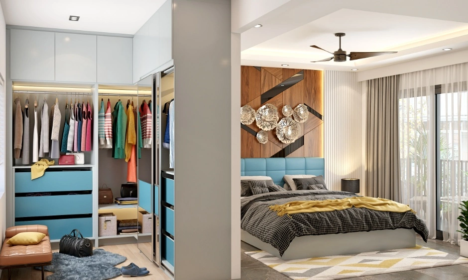 Open wardrobe design with shelves and hanging rods displays clothes for quick access and styling.