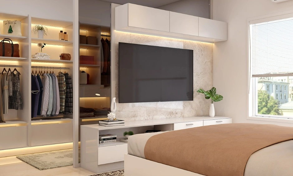 Modern open wardrobe design with shelves and rails making clothes easily visible and accessible.