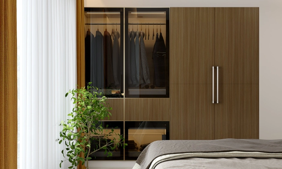 Closed wardrobe design with shutters offering dust protection and a neat, clutter-free bedroom look.