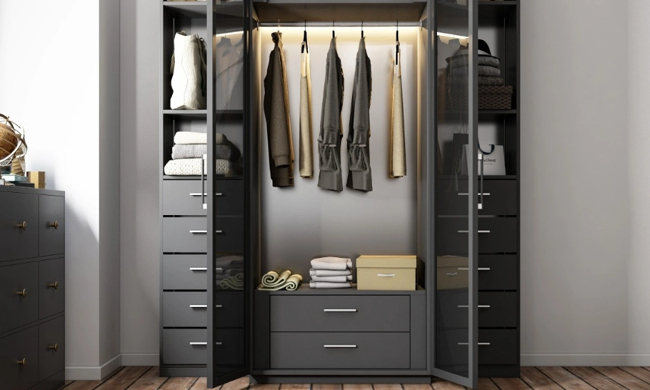 Bedroom wardrobe combining open shelves and closed units to balance accessibility and neat storage.