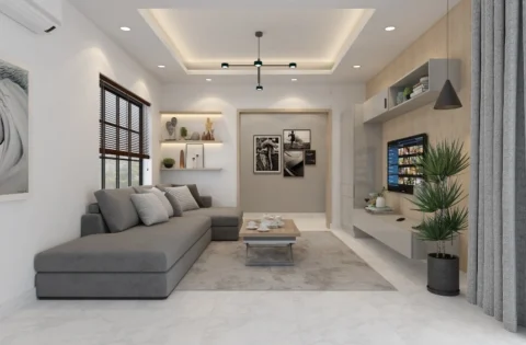 A contemporary living room with clean lines, neutral tones and a comfortable modern layout.