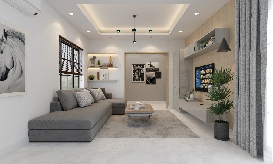 A contemporary living room with clean lines, neutral tones and a comfortable modern layout.