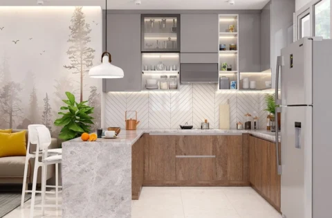 Modern modular kitchen in Chennai with white-grey finish and space-saving layout for efficient cooking.
