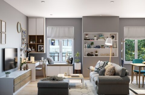 Floating sofa layout in a modern living room creates an open, airy feel with better space flow.