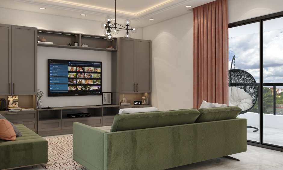 Balanced living room layout with floating sofa, rug anchoring and evenly distributed furniture.