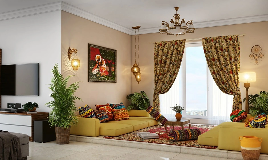 Kerala style interior design with open layout, wooden details and natural airflow.
