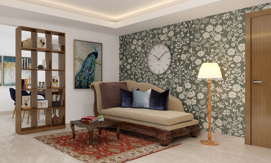 Kerala style living room with carved wooden furniture and open, breathable layout.