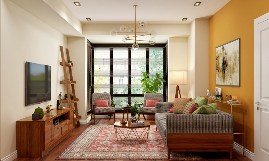 Kerala style interior with earthy colours, cream walls and rich wooden elements.