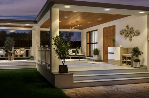 Covered porch with columns creates a welcoming transition between exterior and interior space.