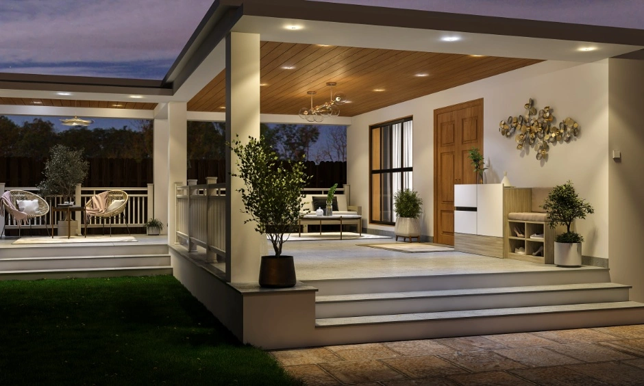 Covered porch with columns creates a welcoming transition between exterior and interior space.