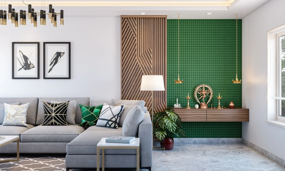 Deep green wall paired with walnut brown panelling creates a calm and sophisticated interior.