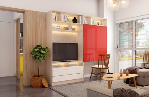 A multipurpose TV unit maximises storage and functionality in compact apartments.