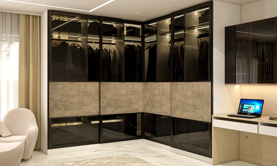 Modern L-shaped wardrobe layouts include sliding shutters and integrated storage for compact bedrooms.