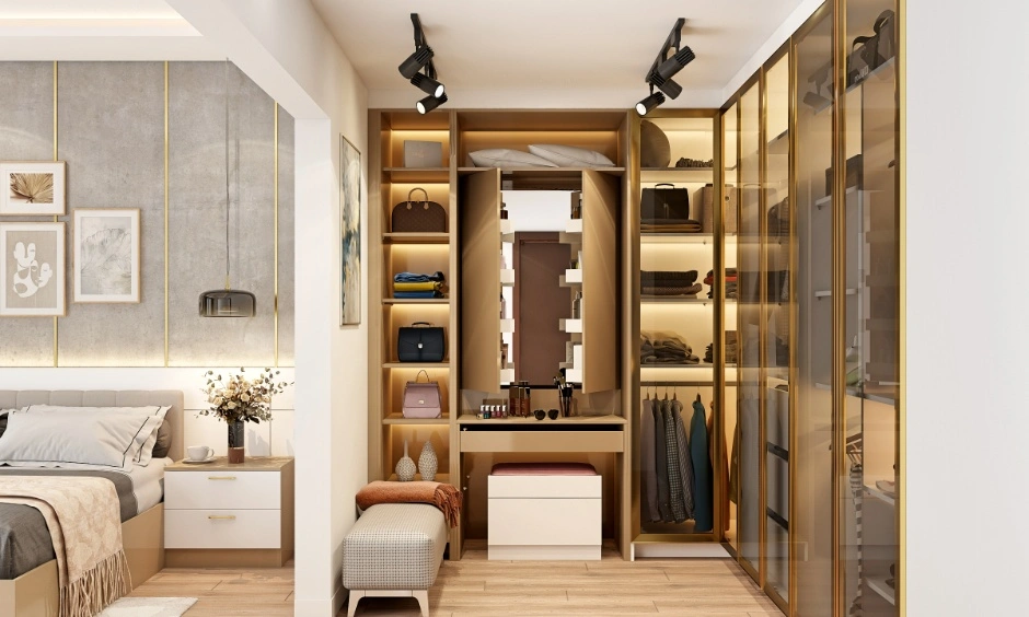 An L-shaped wardrobe layout fits unused corners and improves movement in compact bedroom spaces.