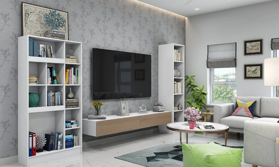 Elegant grey wallpaper living room showing designer style and personalised Chennai interiors