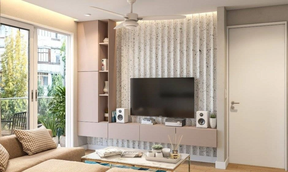 Neutral living room for small apartments designed by top living room designers in Chennai