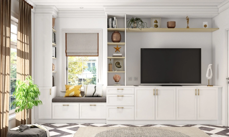 Wooden TV unit sized to fit the wall with balanced proportions and clear walkways